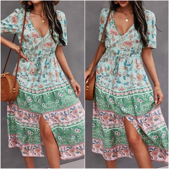 Dresses & Skirts - Boho Green Mint Floral Slit Button up Midi Dress
